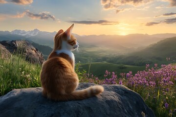 Cat watching sunset in natural landscape scenic viewpoint serenity and beauty in nature