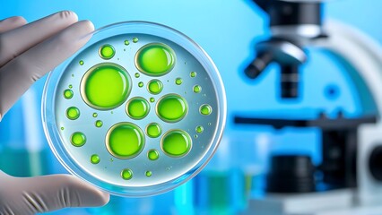 Scientist holding petri dish with green bacterial colonies and microscope in background