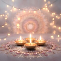 Festive Diwali banner with glowing diyas, string lights, and soft floral mandala in the background, warm pastel tones, minimal composition