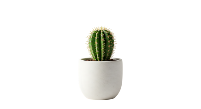 A small green cactus plant in a simple white ceramic pot isolated on a white background