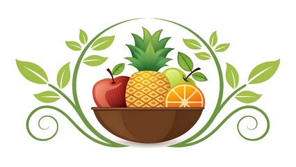 Fresh assortment of tropical and orchard fruits in a bowl with leaves