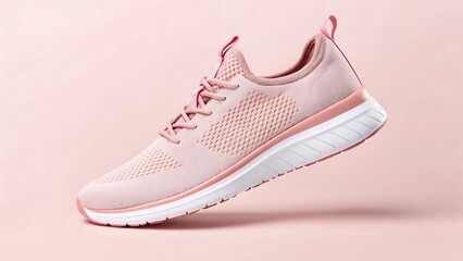 Stylish pink knit athletic shoe floating against a soft pink background
