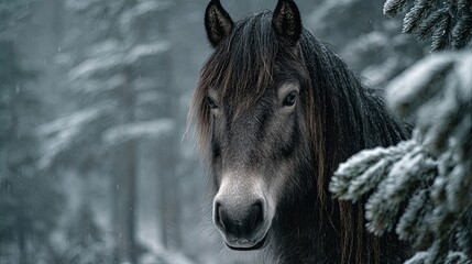 Majestic horse with long dark mane stands amidst snow-covered trees, showcasing its beauty in a serene winter landscape, embodying strength and grace in nature