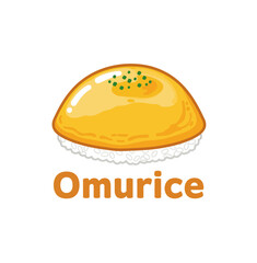 A visually appealing illustration of a delicious Japanese Omurice, a savory omelet over rice, presented on a white background