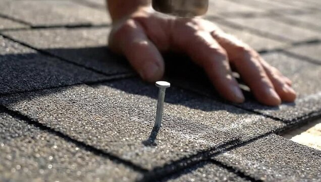 Construction worker hammering a nail into roofing shingles outdoors  