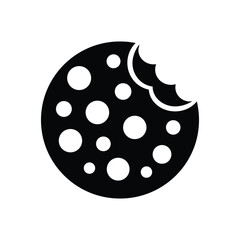 Black round cookie icon with missing bite and scattered white circles creates a simple logo
