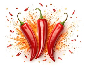 Three vibrant red chili peppers with spice powder explosion on white background