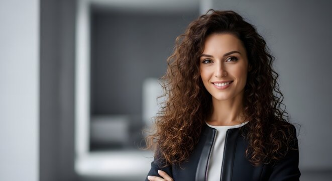 Confident Businesswoman with Curly Brown Hair &ndash; Modern Office Portrait, Stylish Professional Aesthetic