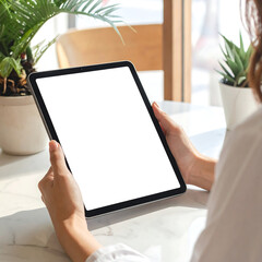 Hand holding tablet in minimal cafe scene