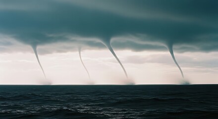 Multiple waterspouts forming over the ocean under a stormy sky.