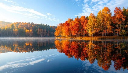 Reflective Lake with Vivid Autumn Foliage Under Blue Sky Landscape