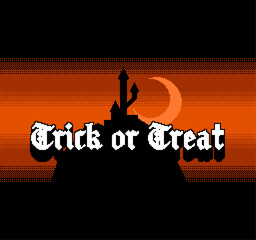 Bold Gothic Typography of 'Trick or Treat' with Silhouette of Big Castle in Night of Halloween on Orange Gradient Light, Pixel Art Styled Artwork