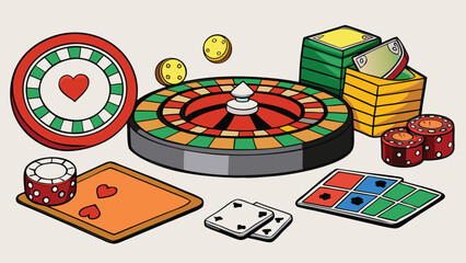 Casino game objects roulette wheel chips cards and tokens casino chips playing cards