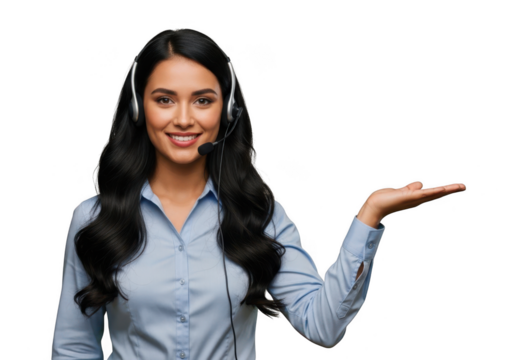 Smiling woman with headset offering assistance isolated on transparent background