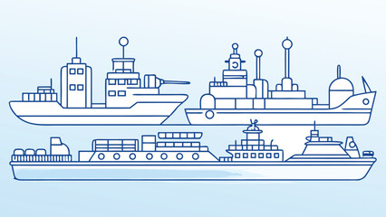 Obraz premium Various ships and boats depicted in a simple line art style vessels maritime