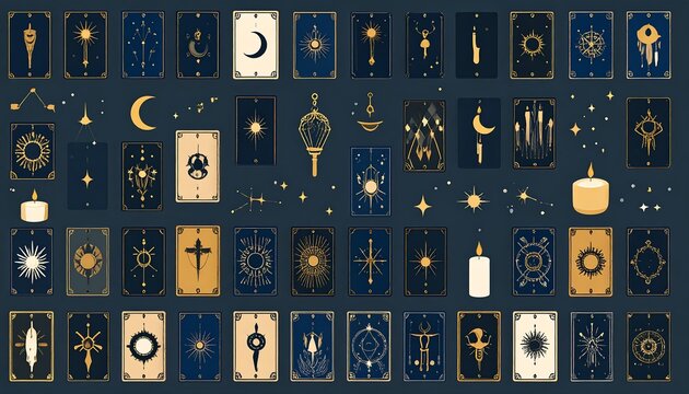A collection of ornate tarot cards and celestial elements, set against a dark blue background, featuring gold and white details