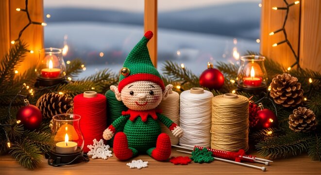 Crochet Christmas Elf with Festive Decorations &ndash; Cozy Holiday Scene, Handmade Christmas Craft, High-Quality