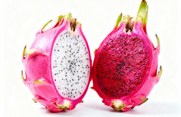 Exotic vibrant pink dragon fruit cut in half revealing both the red and white flesh with tiny black seeds, isolated on a clean white background