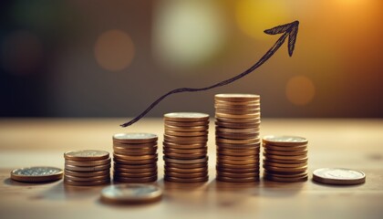 Rising gold coin stacks illustrate financial growth business insights digital economy indoor setting close-up view investment strategy