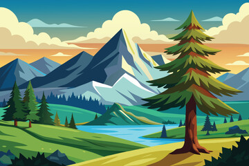 Pine trees with mountain landscape vector illustration
