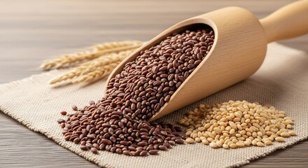 Organic flax seeds in a wooden scoop with wheat ears and sesame seeds on a rustic cloth