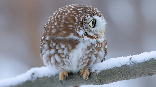 Little owl perched on snowy branch looking at the camera with large eyes in winter season
