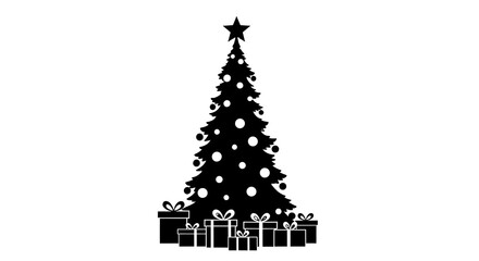 Black and white line art depict Christmas tree with gifts. Use for posters, cards, holiday designs.