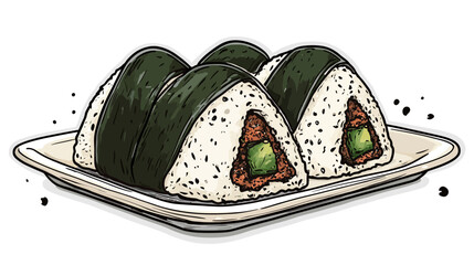Onigiri with Seaweed Wrap in Japanese Sticker Style, Kitchen Environment, Illustration Perspective