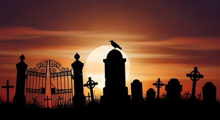 Orange graveyard silhouette shows a spooky sunset scene. Perfect for Halloween backgrounds, party posters, or creepy website banners.
