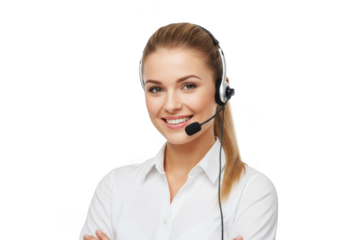 Smiling woman with headset isolated on transparent background