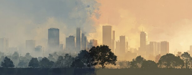 Polluted City Skyline Covered with Smog Representing Air Pollution, Climate Change, and Environmental Decay