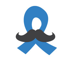 Blue ribbon with moustache symbol of november mens health month. Doodle style Blue ribbon and moustache isolated on white background. Sticker , label and icon of prostate cancer awareness