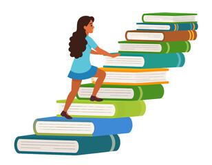Girl climbing stairs of books vector concept.Flat vector illustration of a young girl climbing stairs made of books, symbolizing progress through education and empowerment for International Day of the