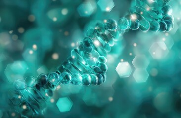 A vibrant turquoise representation of a DNA helix, featuring translucent beads and a soft, glowing bokeh background.