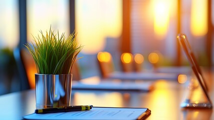 Green plant in silver pot sits on a wooden table with documents and pen, illuminated by warm sunset light through large windows, creating a serene office atmosphere