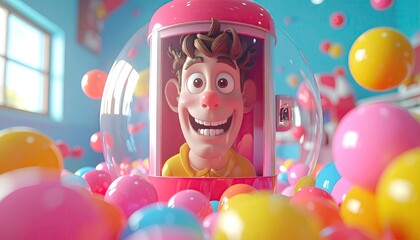 Joyful Cartoon Character in Pink Ball Pit