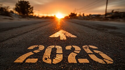 Road leading into sunset with bold yellow numbers 2026 painted on asphalt, symbolizing future journeys and new beginnings in a serene landscape