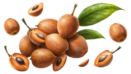 Chiku fruit arrangement, sapodilla, with leaves, on an isolated white background