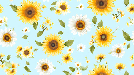 Vibrant seamless pattern featuring sunflowers and daisies against sky blue background, evoking cheerful and sunny atmosphere