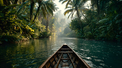 Tranquil Perspective of Wooden Canoe on a Lush Tropical River