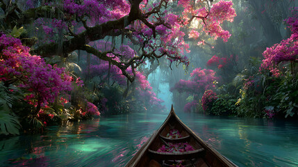 Dreamy Romantic Boat Ride Through Enchanted Blossom Forest Nature Landscape