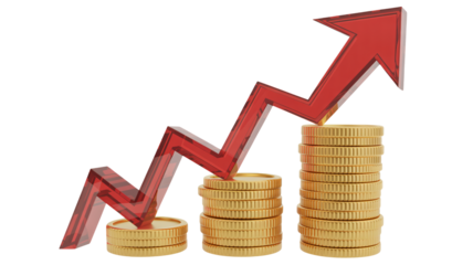 Financial growth concept with rising red arrow and gold coins representing profits and investment returns for businesses