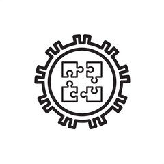 System integration line icon showing gear and puzzle pieces symbolizing technology connection, collaboration, process automation, and digital solutions for industrial, IT, and business systems.