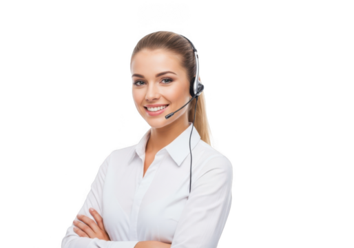 Smiling woman wearing headset and white shirt isolated on transparent background