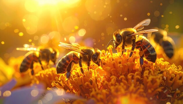 Golden Hour Bees on Orange Flower