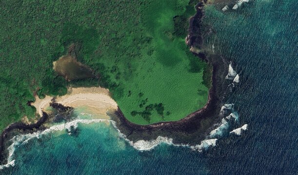 Galapagos Islands Coastline: Aerial View of Volcanic Terrain, Pristine Beaches, and Pacific Ocean Waters