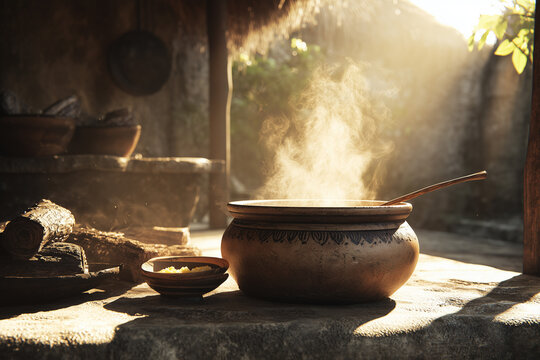 Ugali Countryside Cooking Hyperrealism - Outdoor African Meal in Rural Setting with Traditional Cooking Methods and Authentic Cultural Food Preparation