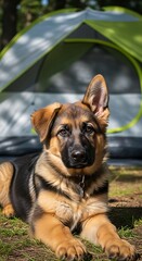 German Shepherd Puppy Camping - A Portrait of Canine Curiosity.