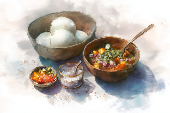 Ugali Watercolor Food Illustration - Hand-Painted African Food Art with Artistic Watercolor Technique and Creative Cultural Food Representation