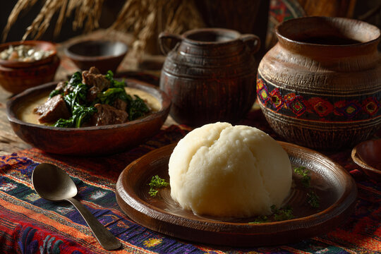 Ugali Traditional African Kitchen Hyperrealism - Authentic Cultural Cooking in Heritage Setting with Traditional African Cuisine and Family Food Preparation